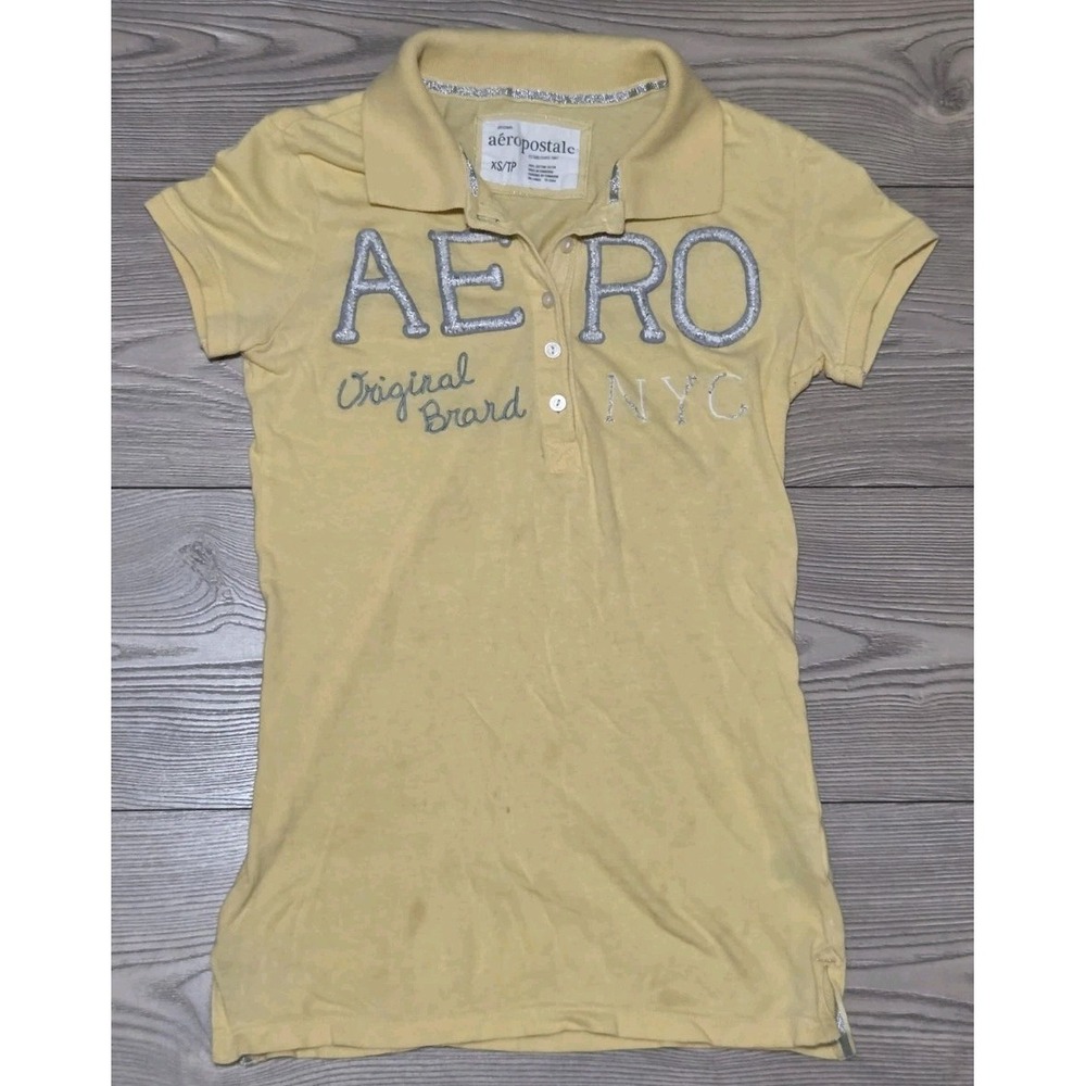 Y2K Aeropostale Yellow Henley Shirt Top XS Silver Glitter Twilight Bella Swan
